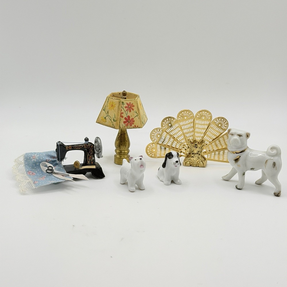 6 Miniature Dollhouse Decor Lot Dog Fireplace Screen Lamp Sewing Porcelain 1:12